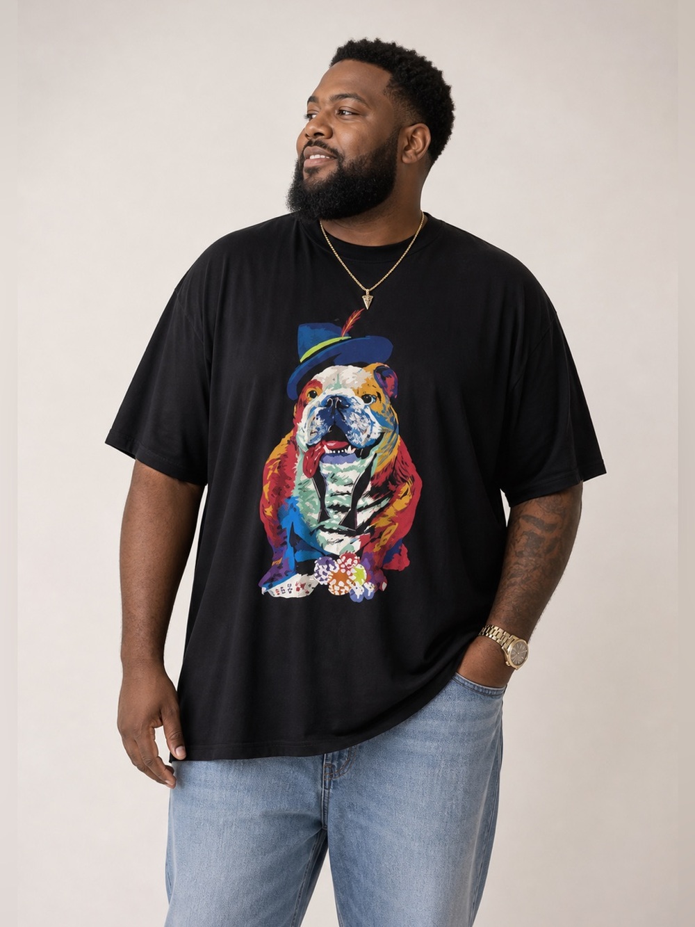 Robert Graham Casino Bulldog Graphic Black Cotton Crew neck T-Shirt Size 2XL
